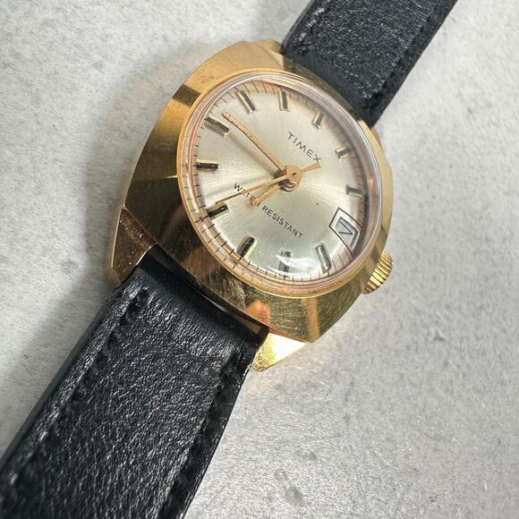 VTG Timex Watch Womens 25mm Manual Wind Date Gold Tone Black Band Working - Picture 8 of 13